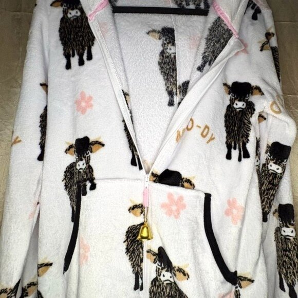 Cow Hooded Soft Fluffy Cozy Loungewear Pajamas White Black Pink Fleece Ears Horn - Picture 6 of 12